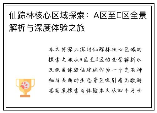 仙踪林核心区域探索：A区至E区全景解析与深度体验之旅